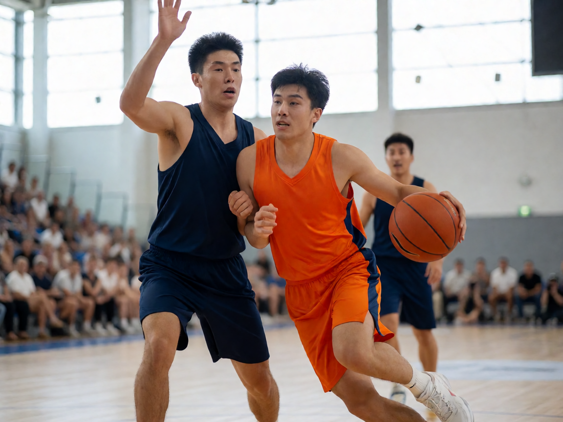篮球比赛现场球员在球馆内进行对抗与传球